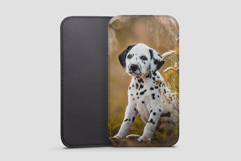 faux leather phone sleeve with image of guy on dock printed onto it