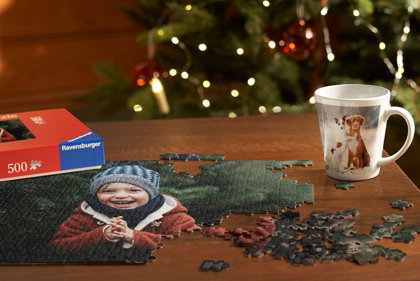 A smiling child in a red sweater standing on a puzzle piece. Next to it is a cup with a dog motif and the puzzle box.