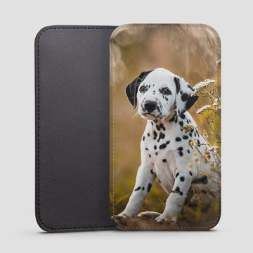 faux leather phone sleeve with image of guy on dock printed onto it